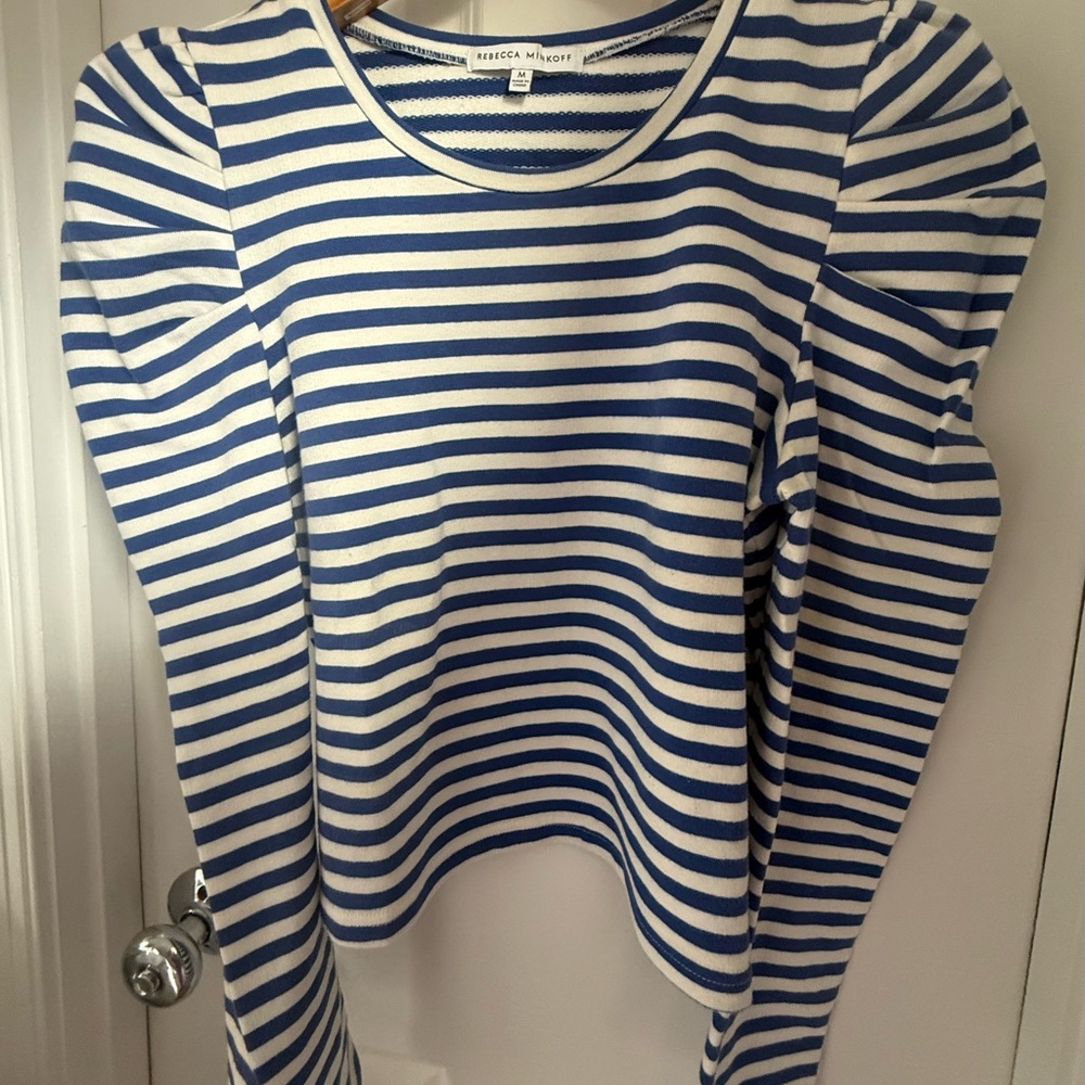 Rebecca Minkoff Talia Stripe Crop Puff Sleeve Sweatshirt French Blue / Ecru M
